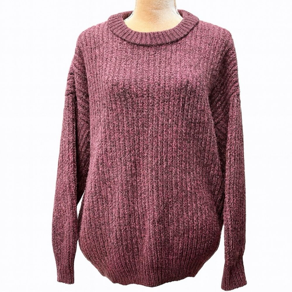 SO Women’s Marled Knit Maroon Plum Sweater Vintage-Style Chunky Crewneck Size M